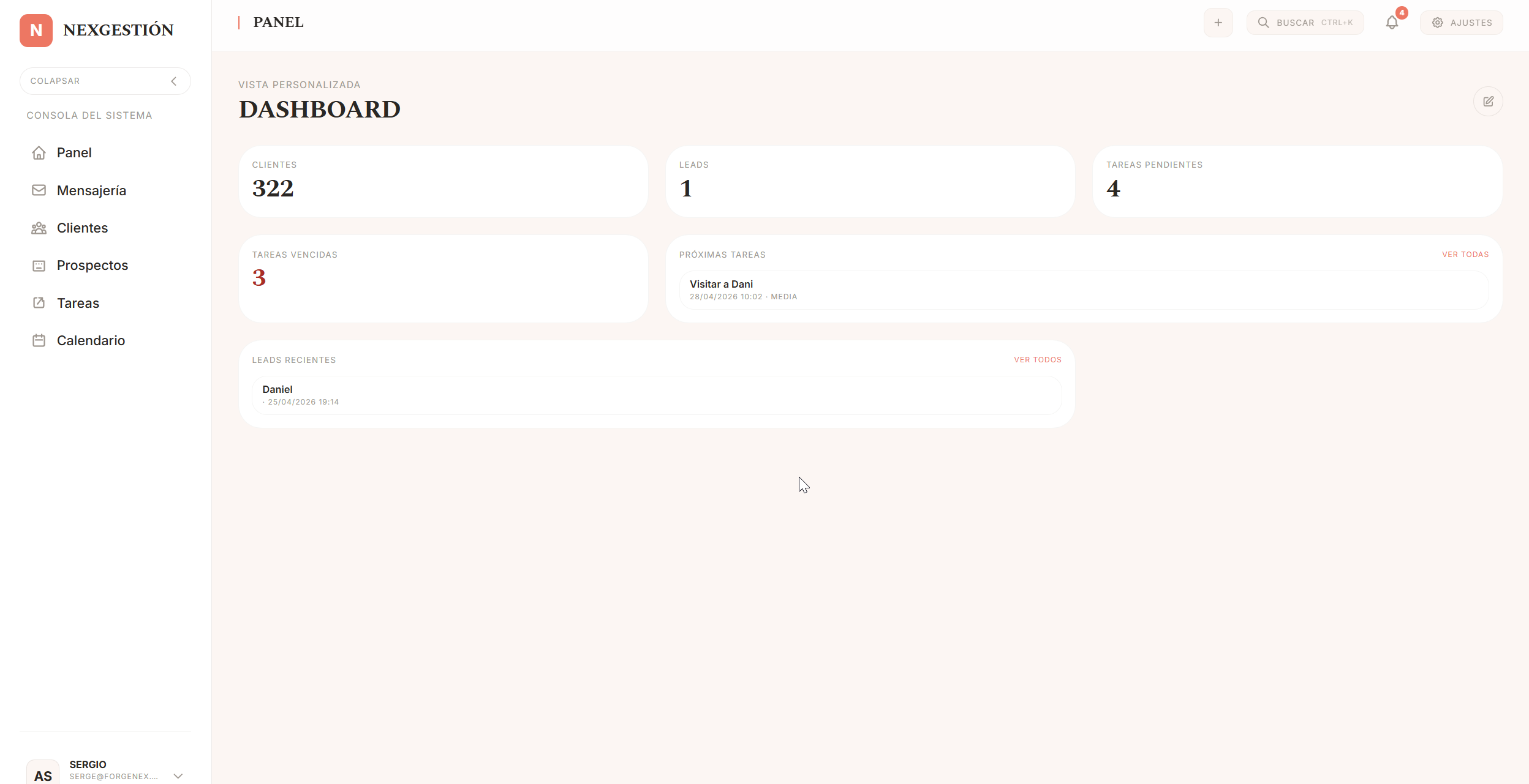 Vista del Dashboard de NexGestion